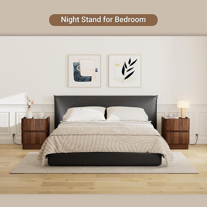 Handleless Night Stand with Charging Station, 2 Drawer Modern Nightstand with Rounded Corners Design, Wooden End Table w/Storage, Bedside Table for Bedroom Sofa Home Office, Walnut - Image 3