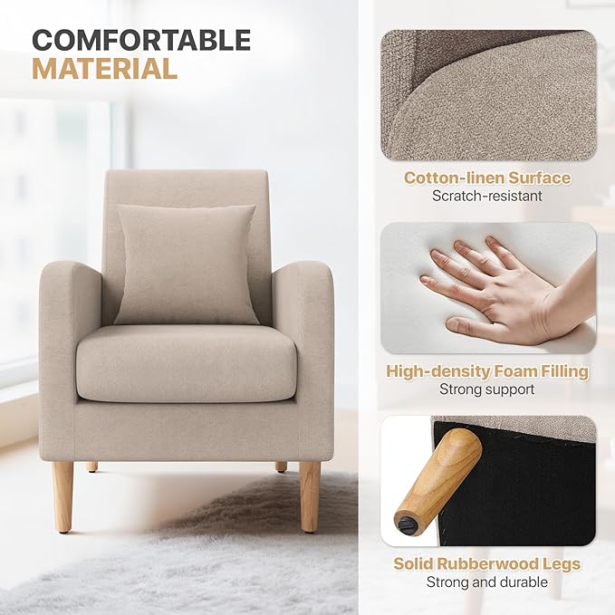 Magshion Mid-Century Accent Chair for Bedroom, Comfy Reading Chair for Living Room, Upholstered Linen Fabric Armchair Single Sofa with Back Pillow & Wood Legs, 300 lbs Capacity, Beige