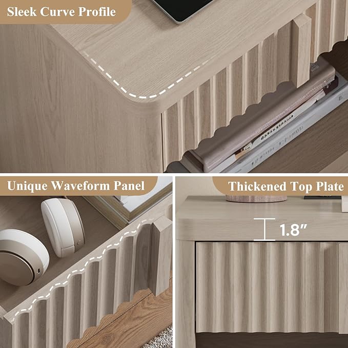 Fluted Nightstand Set of 2 with Charging Station, 23.6" Wood End Table with Solid Wood Handle, Curved Profile Design, Mid Century Moden Bedside Table for Bedroom, White Alder - Image 7