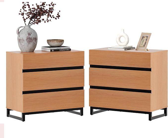 WAMPAT Nightstand with 3 Drawers for Bedroom, Modern Bedside Table with Black Square Metal Leg, Wood Rustic Side End Table, Mocha, 2 Pcs by WAMPAT