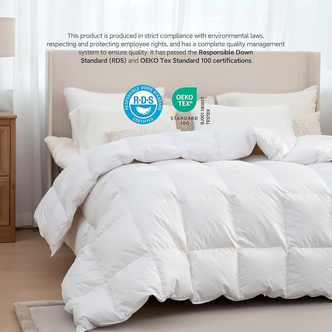 All Season 100% Cotton Down Comforterover Size Queen Size,High Fill Power White Down Fluffy Hotel Style Duvet Insert, Noiseless Eco-Friendly, 8 Corner Tabs, Machine Washable (98×98，60oz)