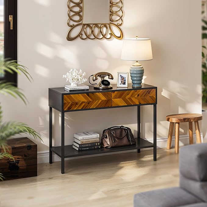 Bme Vivian Console Table with 2 Drawers, Solid Acacia Wood Entryway Table, Rustic Golden Brown Mid Century Modern Sofa Table with Storage, Solid Wood Hallway Table for Living Room or Foyer - Image 5