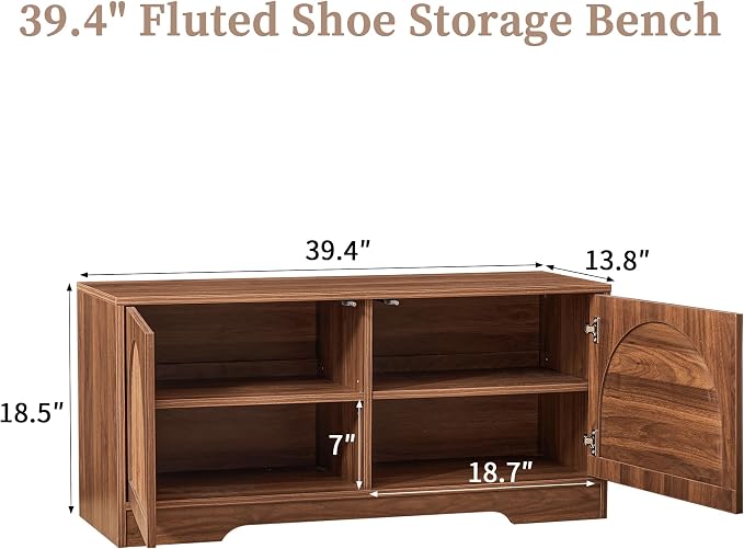 BERRYMERRY 39.4" Fluted Shoe Storage Bench for Entryway,2 Tier Shoe Cabinet Bench with Adjustable Shelf,Bench for Bedroom End of Bed (Walnut, 13.8”D x 39.4”W x 18.5”H) - Image 2