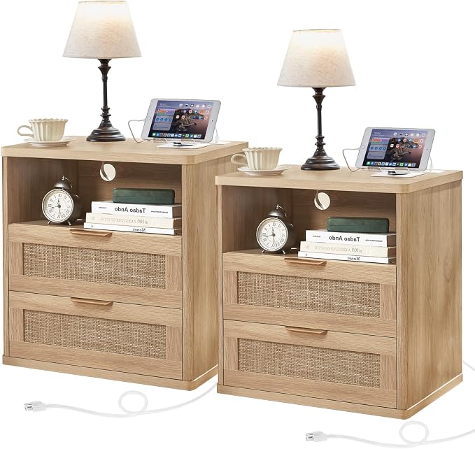 LEYAOYAO Rattan Nightstands Set of 2 with Charger Station, 23" Wide Boho Night Stand with 2 Drawers, Natural Wood Bedside Table Open Shlef, Bed Side End Table Dresser for Bedroom, Living Room Hallway by LEYAOYAO-Findtheshiningpointofyourideallife%EF%BC%81