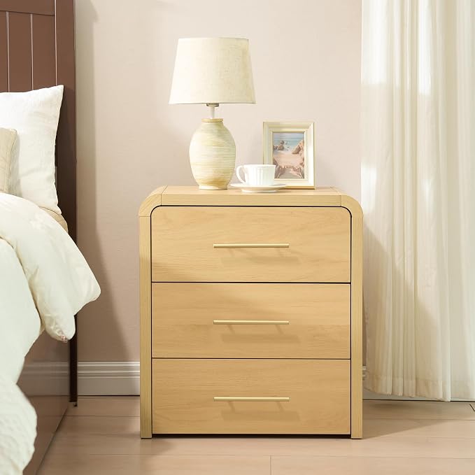 Fatmok Nightstand Set of 2, 23.6" Curved Modern Night Stand with 3-Drawer, Bedside Table, End Table for Bedroom, Large Dresser Storage Cabinet for Home Office Entryway, Natural - Image 5
