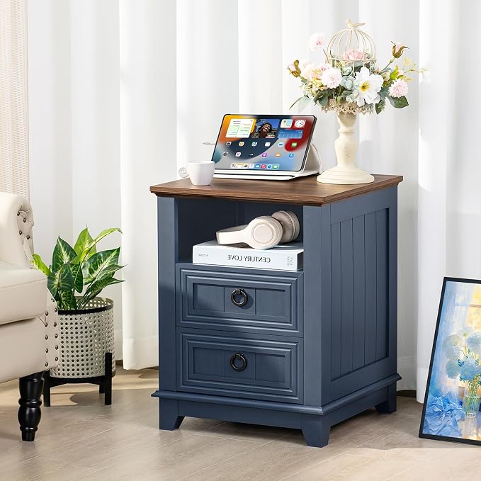 Joaxswe 18" Farmhouse Night Stands Set of 2 with Charging Station, 2 Drawers End Table Dresser for Bedroom, Blue Wooden Nightstand, Bed Side Table with Open Shelf, Bedside Cabinet for Living Room - Image 2