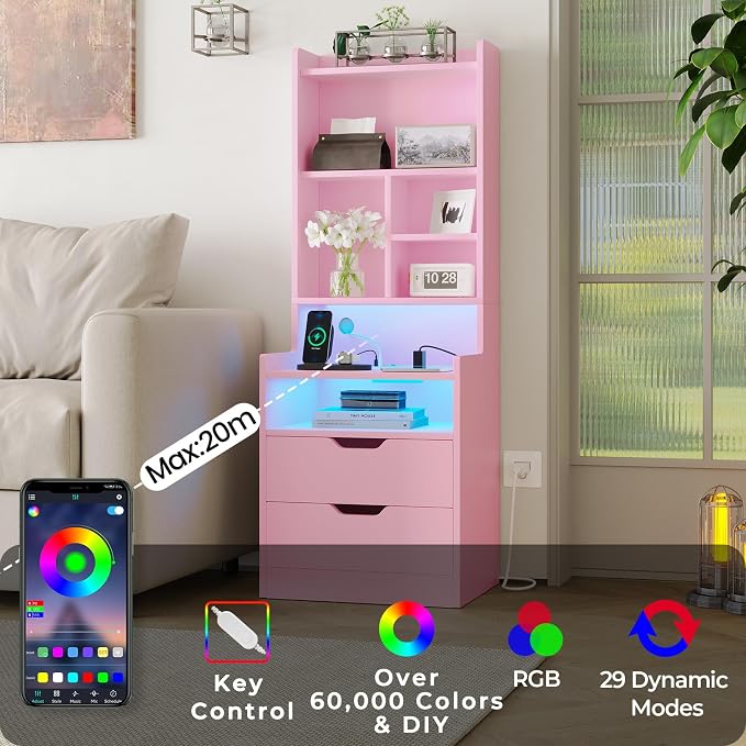 ADORNEVE Tall Night Stand with Charging Station and LED Lights,Nightstand with Bookshelf,Bedside Table with Drawers & Power Outlets,End Side Table for Bedrooms,Pink - Image 4