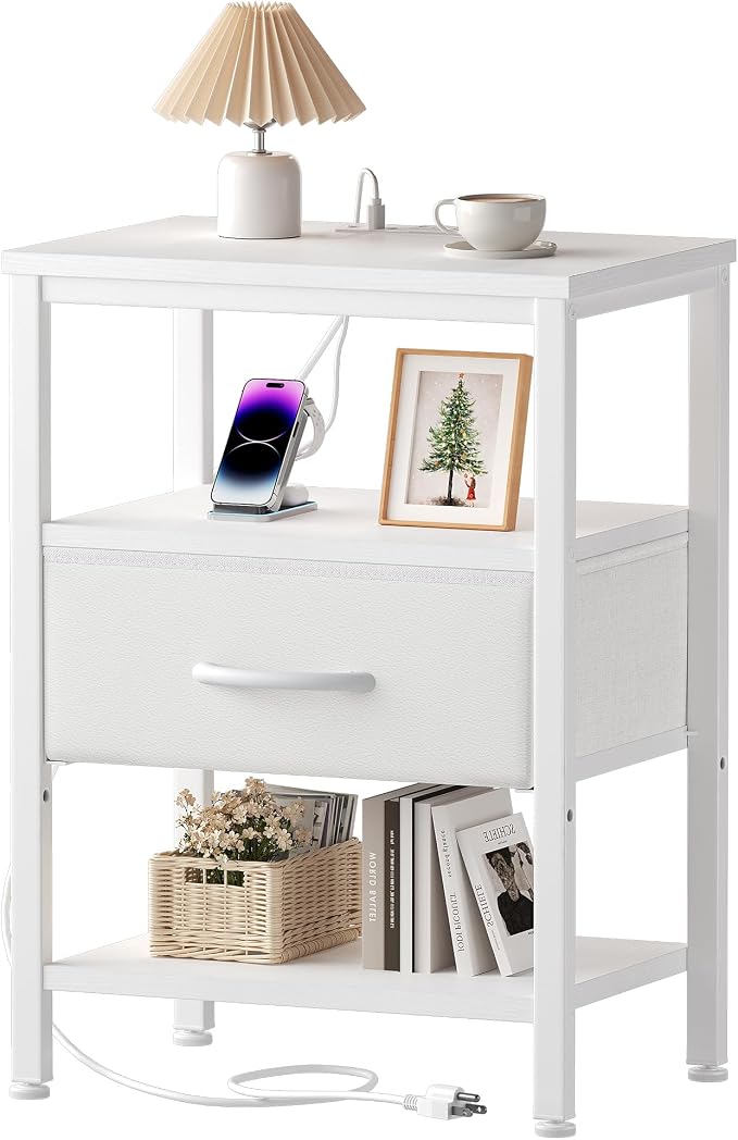 OLIXIS Nightstand with Charging Station, Bedside Tables with USB Ports and Fabric Drawer, Small Night Stand with Open Adjustable Shelf, Compact End Table for Bedroom, White by OLIXIS