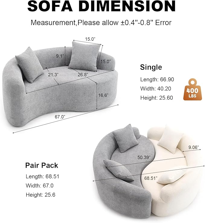 KEIKI S-Curved Loveseat Chenille Couches with 2 Pillows, Upholstered Luxury Plush Cloud Sectional Sofa for Living Room Apartment, Full Sponge Compression