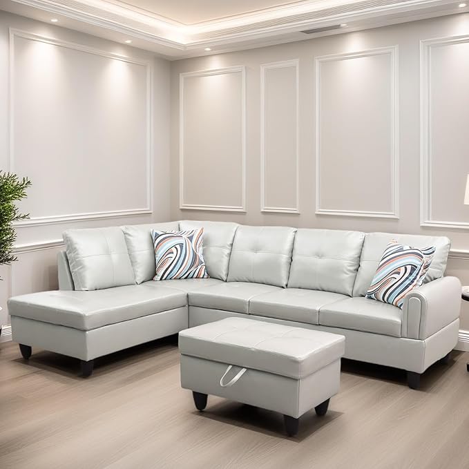 FONTOI L Shaped Sectional Couches, Leather Couch Modular Sectional Sofa with Ottoman Storage, Modern L Shaped Couch with Chaise for Living Room Bedroom Apartment Furniture, White