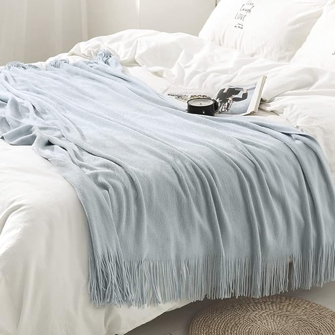 Homiest Decorative Knitted Throw Blanket with Fringe Soft & Cozy Tassel Blanket for Couch Sofa Bed (Pale Blue,50x60)