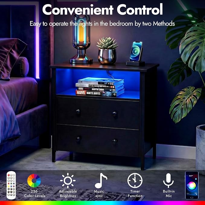 27 Inch Wide Night Stand, Large Wood Night Stand with 2 Drawer, LED Nightstand with Charging Station and Adjustable Drawer, Bedside Table for Living Room/Bedroom/Study/Office, Black. - Image 5