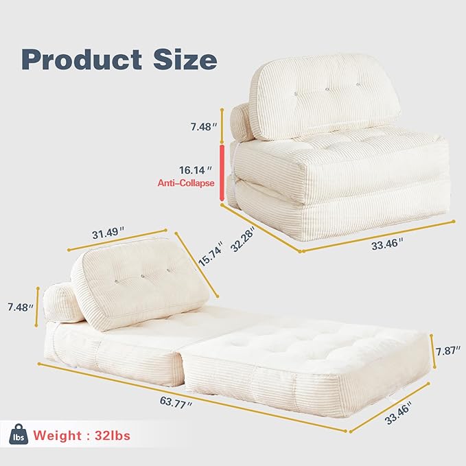 Folding Sofa Bed, Flannel Futon Couch Bed with Pillow and Blanket, Convertible Sleeper Chair for Living Room Bedroom, White