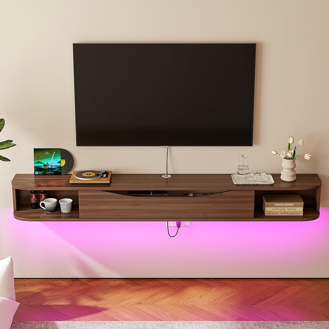 FurniNova Floating TV Stand,94'' Wall Mounted TV Cabinet,Floating TV Console,Under TV Shelf with 1 Door and 2 Cabinets for TVs up to 90''(Walnut) - Image 9