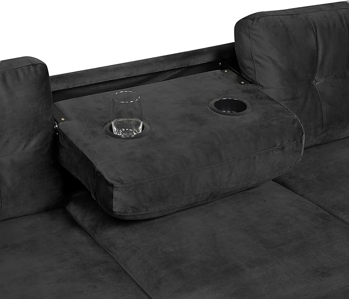 Ball & Cast L-Shape Sectional Couch with Storage Ottoman,105" Couches for Living Room W/ 2 Pillows & Cup Holders,6 Seat Velvet Sleeper Sofa W/Reversible Chaise,Comfy Couches for Apartment,Black