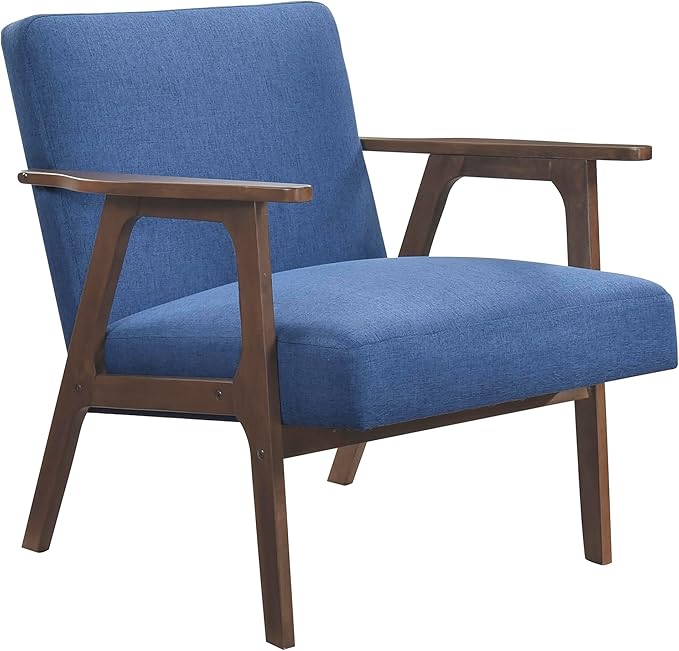 Lexicon Mid Century Modern Accent Chair, Upholstered Lounge Armchair, Single Sofa Seat, Brown Finish Solid Wood Framed Comfy Side Chairs for Living Room/Bedroom/Office/Waiting Area, Blue