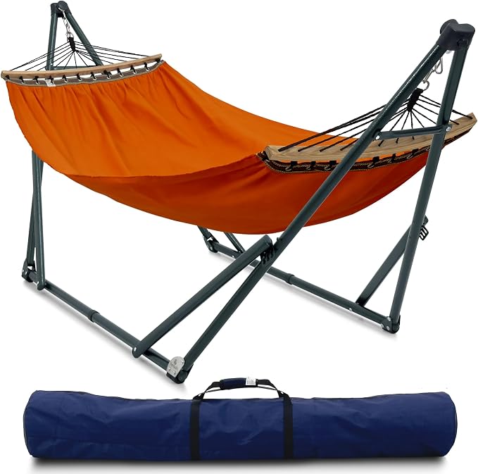Tranquillo Sturdy Steel Hammock with Stand Premium Cotton Canvas Hammock, 600 lbs Capacity Hammock Stand Folding, Portable 30-Second Fold Unfold Hammock for Camping, Orange by Tranquillo