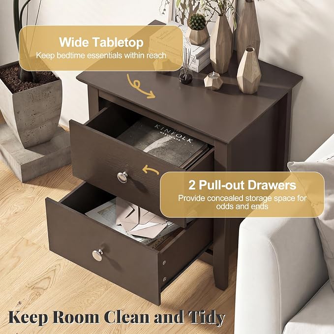 Giantex Nightstand, Modern 2 Drawers Night Stand with Handles, Sofa Side Table with Sturdy Legs for Small Spaces, College Dorm, Kids’ Room, Wooden Bedside Table for Bedroom (1, Espresso) - Image 4