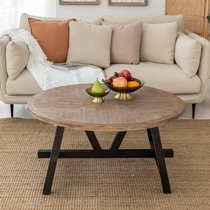 COZAYH Rustic Farmhouse End Table with Storage Shelf, French Country Modern Round Accent Side Table for Small Spaces, Wood Top & Black Base