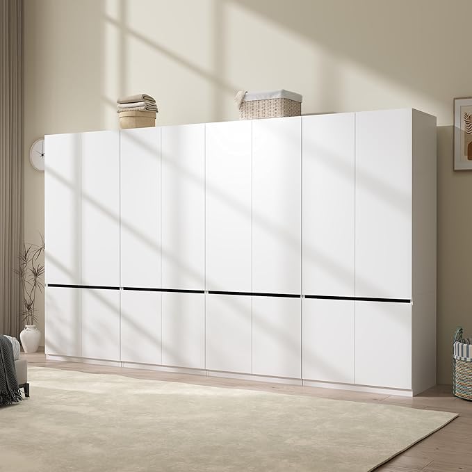 Wardrobe Closet with 8 Doors: 75" White Bedroom Armoire, Wooden Wardrobe for Hanging Clothes, Tall Storage Cabinet with Shelves and Hanging Rod (C+C+C+C, 126")