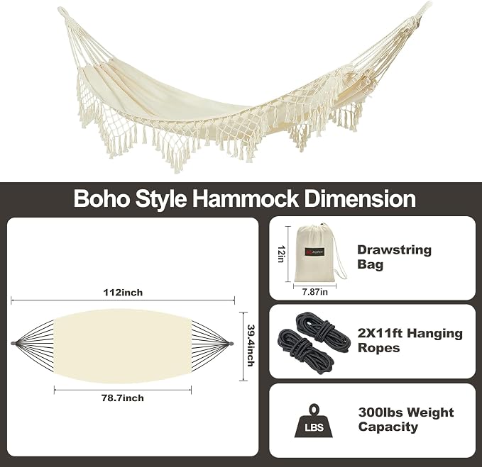 JoyView Boho Macrame Single Hammock with Hanging Ropes & Elegant Tassels 78.8x39.4 Portable Cotton Hammock for Patio Backyard Porch 300LBS Weight Capacity Perfect for Outdoor/Indoor - Beige Color - Image 3