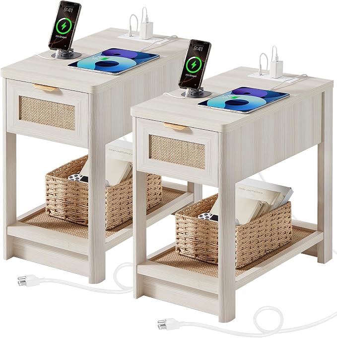 Lerliuo Narrow Night Stand Set of 2 with Charging Station, Boho Nightstand with Drawer, Bed Side End Table with Rattan Shelf for Small Spaces, Wood Nightstands Bedside Tables for Living Room Bedroom by Lerliuo