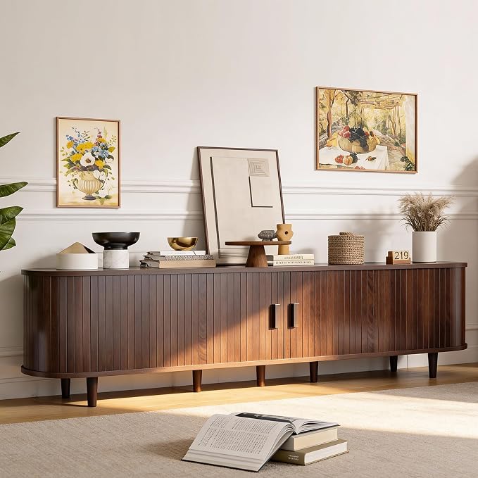 80" Mid Century Modern TV Stand, Wood TV Consoles with Sliding Doors and Power Outlet, Entertainment Center with Adjustable Shelves, Fluted TV Stands for Living Room, Walnut - Image 8