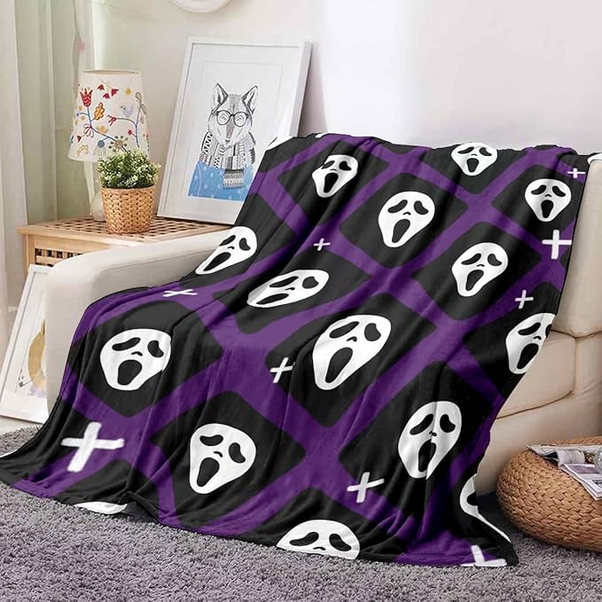 Halloween Spooky Face Blanket, Purple and Black, Soft Ghost Throw for Travel, Office, Home (40" x 30")