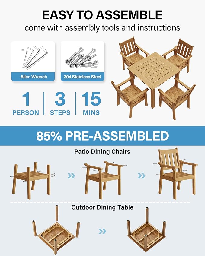 YEFU HIPS Patio Table Set: 5 Piece Outdoor Square Table and Chairs with Metal Aluminum Frame - Teak Modern Plastic Patio Dining Furniture Set 4 Person for Outside Deck - Image 2