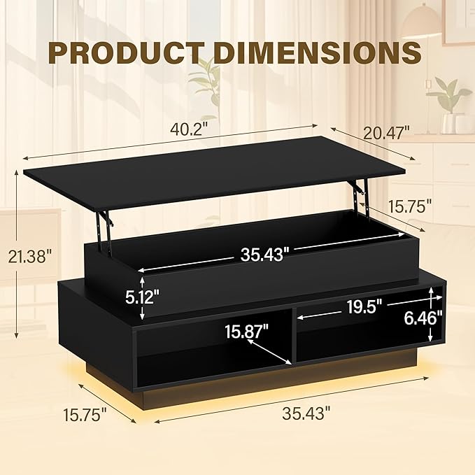 JUMMICO 40" Modern Lift Top Coffee Table with Storage & 4 Bottom Organizers, Square Wood Center Table with LED Lights for Living Room and Home Office (Black)