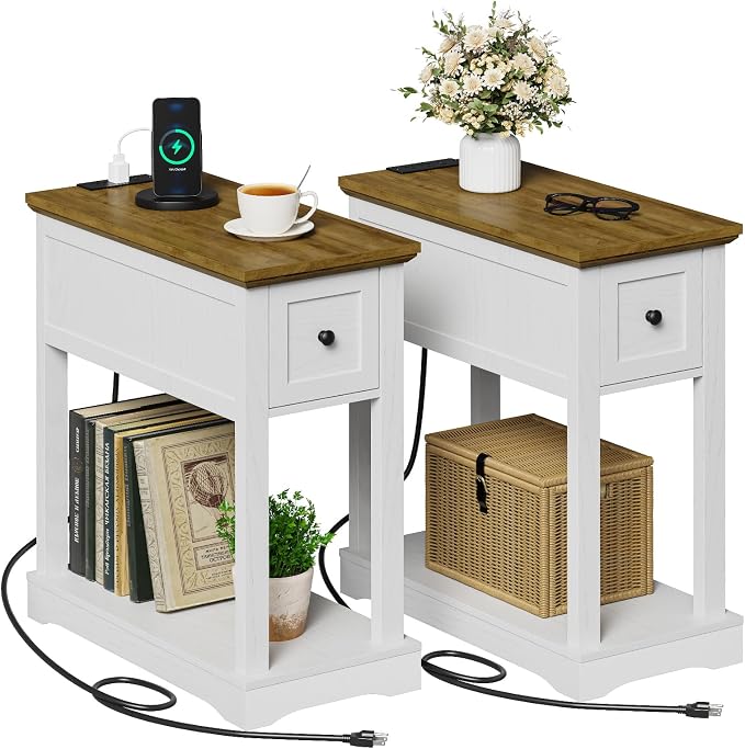 Nightstand Set of 2 with Charging Station, Side Table with Storage, Thicken Base, for Bedroom, Rustic Brown and White by Draelibor