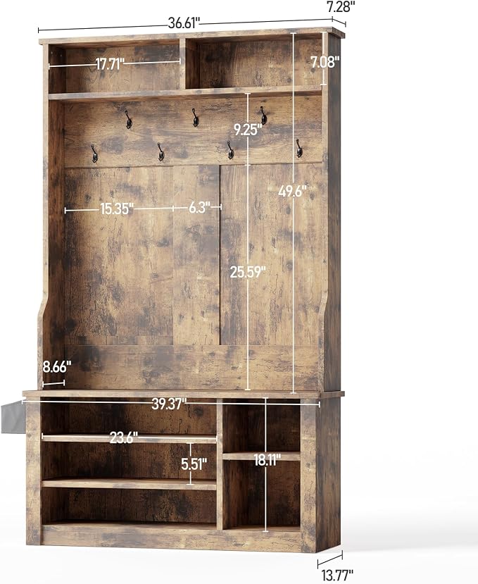 Aiho Entryway Hall Tree with Bench and Storage, 3-in-1 Hall Tree with Coat Rack, Adjustable Shoe Bench, 2-Tier top Storage, for Hallway, Entryway, Bedroom, Rustic Brown - Image 8
