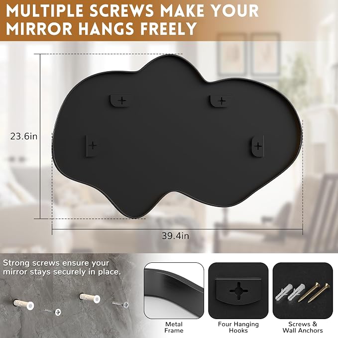 Irregular Wall Mirror, Black Bathroom Wavy Abstract Mirror for Over Sink, Decorative Cloud-Shaped Wall Mirror, Stylish Shatter-Proof HD Mirror for Bedroom, Entryway (24"x39", M, 1 Pack) - Image 5