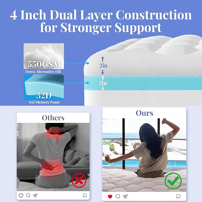 OhGeni Cooling 4 lnch Queen Size Dual Layer Mattress Topper, 2 Inch Gel Memory Foam, 2 Inch Soft Pillow Top Pad, Guest Bedroom Essentials Mattresses Cover, Extra Comfortable Sleep and Back Pain Relief