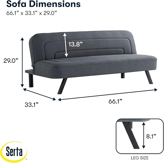 Serta Fairwood 66.1" Convertible Futon Sofa, Short Twin Size, Modern Boho, Dream Coil Comfort, Fingerguard Pinch Point Protection, Soft Woven Polyester Fabric, Charcoal