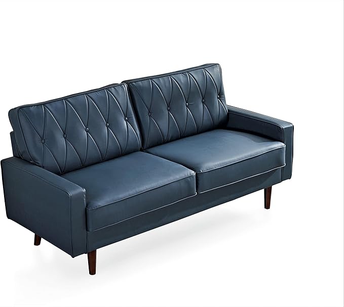 Container Furniture Modern Style Faux Leather Sofa with Elegant Round Tapered Legs and Button Tufted Backrest Perfect for Living Room, Bedroom or Home Office, 69.3’’ Wide, Blue