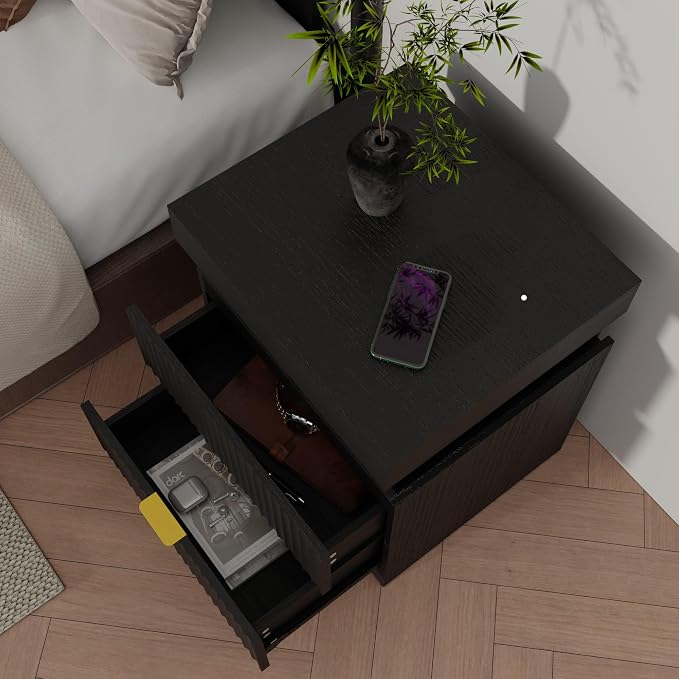 Wooden Nightstand with Charging Station & LED Lights, Modern Fluted Bedside Table with Sliding Top & Drawers for Bedroom & Living Room, Black - Image 8