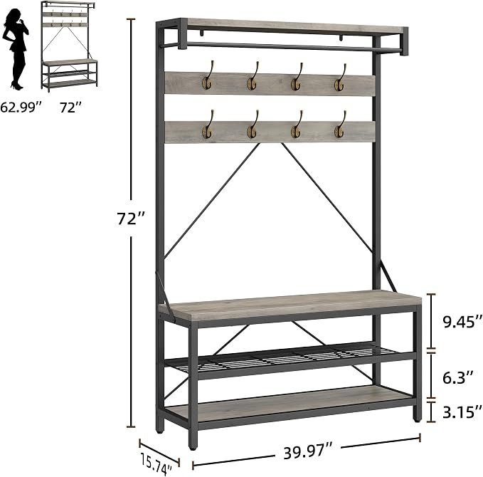 IDEALHOUSE Coat Rack Shoe Bench Industrial Hall Tree Storage Bench for Entryway Wood Look Accent Large Shoe Rack with Storage Shelf Hanging Bar,8 Hooks Grey 39.9"x15.7"x72" - Image 5