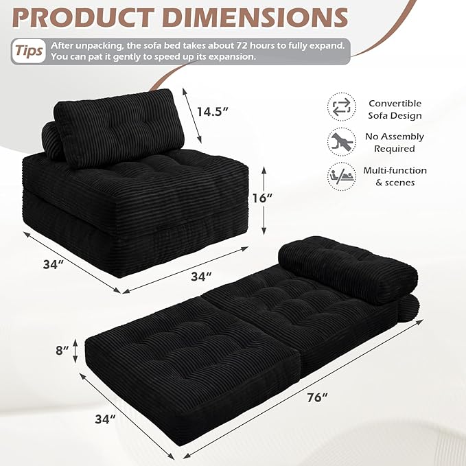 Folding Sofa Bed, Convertible Sleeper Chair with Pillow & Handle, Foldable Mattress Futon Chair Bed Lounge with Back Support, Comfy Floor Sofa for Living Room Bedroom, Black, Single