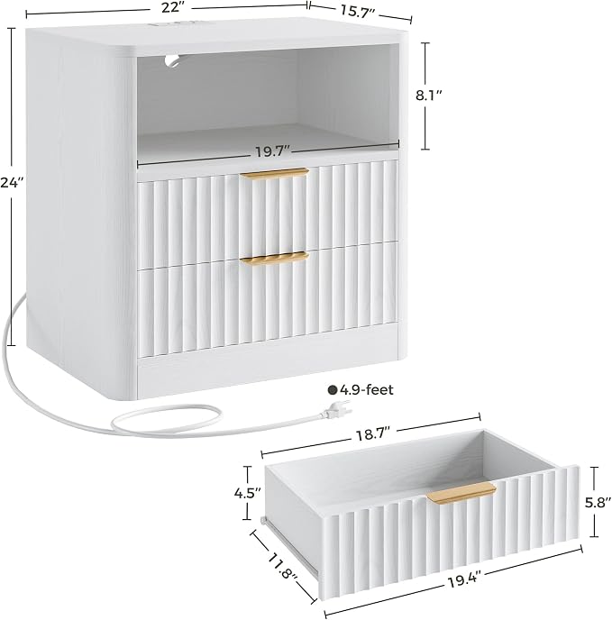 IRONCK Fluted Night Stand Set of 2, Modern Nightstand with Charging Station, Drawers and Open Shelves - Bedside Table Wood Side Table Set for Bedroom, White - Image 3