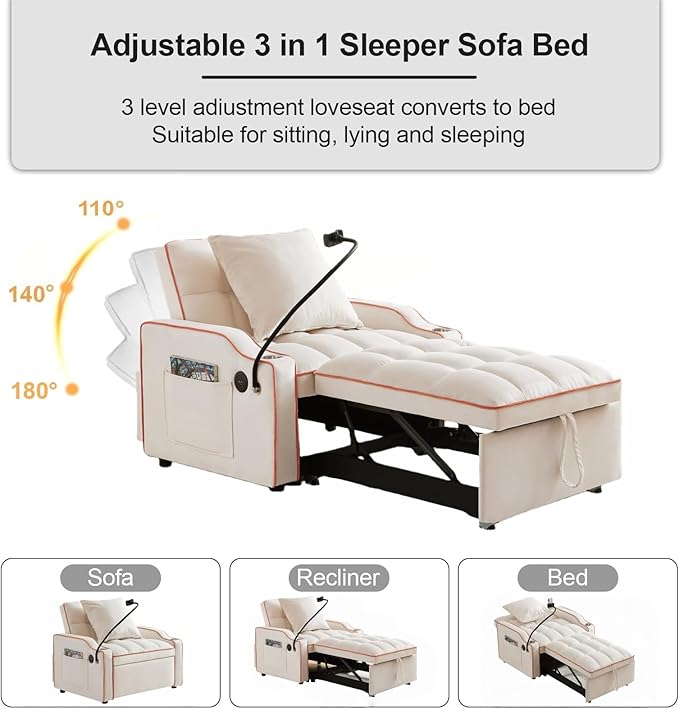 3 in 1 Convertible Sleeper Sofa Bed with Phone Holder, 35'' Pull Out Sofa Bed Recliner with Adjustable Backrest, Velvet Fabric Sleeper Couch Single Modern Chair for Small Space & RV, Beige