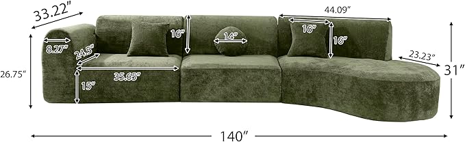 Merax 140" Curved Polyester Sectional Sofa Set, 7 Seat Modern Cloud Couch with Chaise Lounge,3 Pillows, Fully Assembled for Living Room, Green