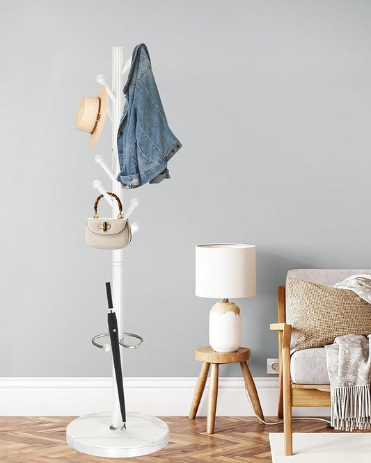 ZOZOE Metal Coat Rack Stand, Modern Coat Rack Freestanding with Natural Marble Base, Sturdy Industrial Coat Racks with 8 Hooks & Umbrella Holder,White Coat Tree Hanger Stand for Entryway,Office by ZOZOECoatRackfreestanding