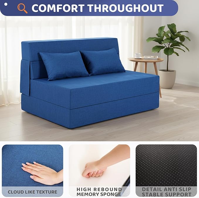 Folding Sofa Bed, Foldable Sleeper Chair with Pillow, Convertible Fold Out Chair Bed with Washable Cover, Foldable Mattress for Living Room, Bedroom, Guest Room, Standard Size, Blue