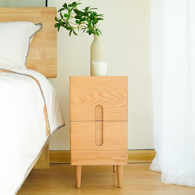 Mid Century Modern Nightstand, Narrow Nightstand, Minimalist Side Table for Bedroom, 2-Drawer Bedside Tables, (Natural, 9.84inches) - Image 9