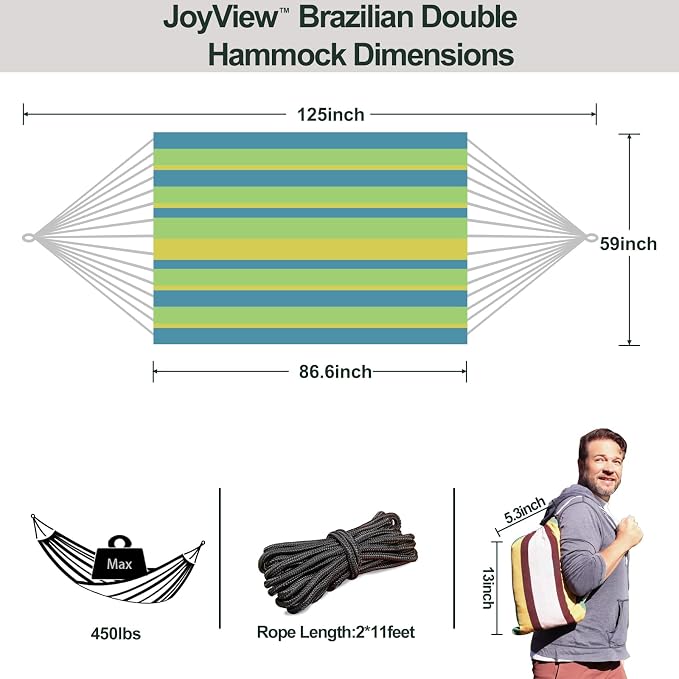 JoyView Brazilian Double Hammock with Hanging Ropes Extra Large 86.6x59” Portable Cotton Hammock for Patio Backyard Porch 450LBS Weight Capacity Perfect for Outdoor/Indoor - Light Green/Yellow Stripe - Image 2