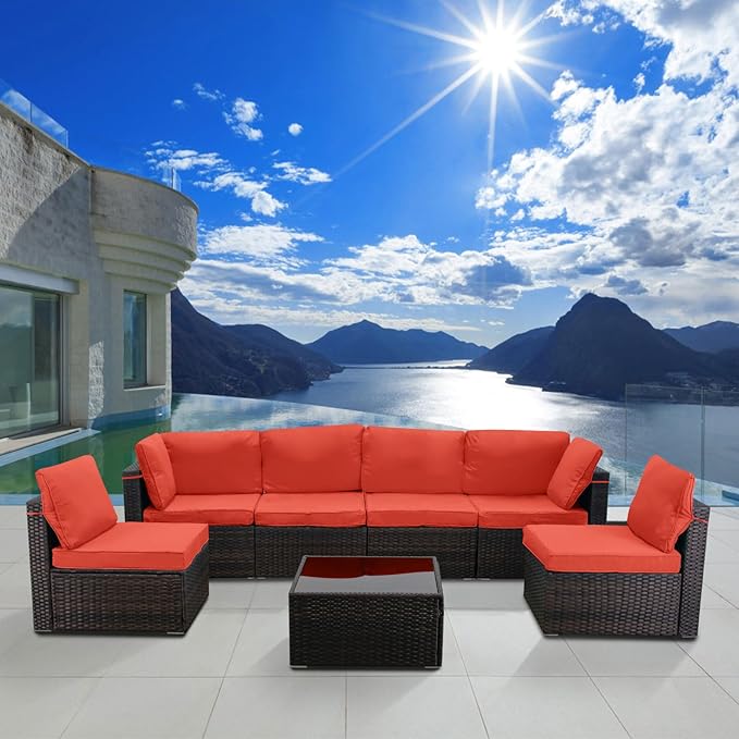 CHABATREE 7 Pieces Outdoor Patio Furniture Sets,Rattan Conversation Sectional Set,Manual Weaving Wicker Patio Sofa with Tea Table