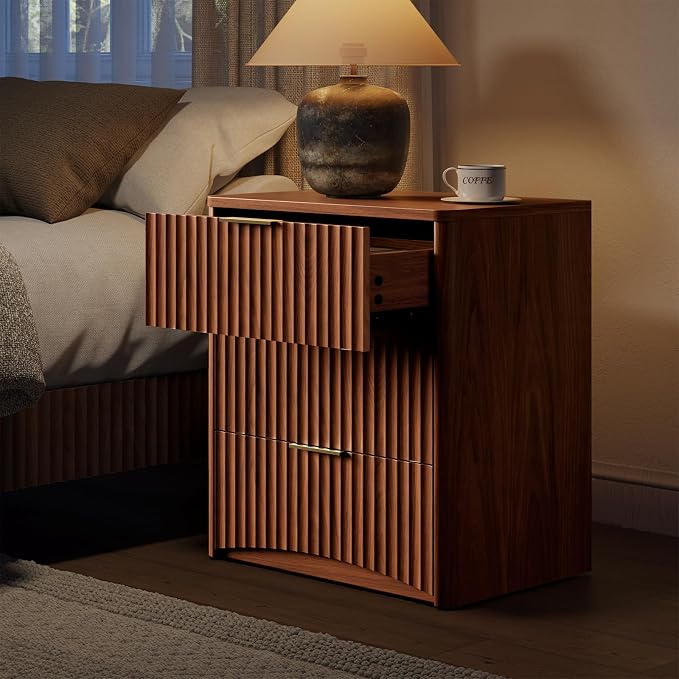 Evermagin Fluted Nightstand Set of 2, Walnut Bedside Table with 3 Drawers, Wood End Table with Storage Mid Century Modern, Large Night Stand for Bedroom - Image 4