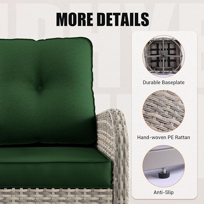 9-Piece Patio Rocking Swivel Chair Outdoor Wicker Rattan Bistro Set with Tempered Glass Side Table, Outdoor Patio Furniture Set for Garden, Deck, and Balcony, Green