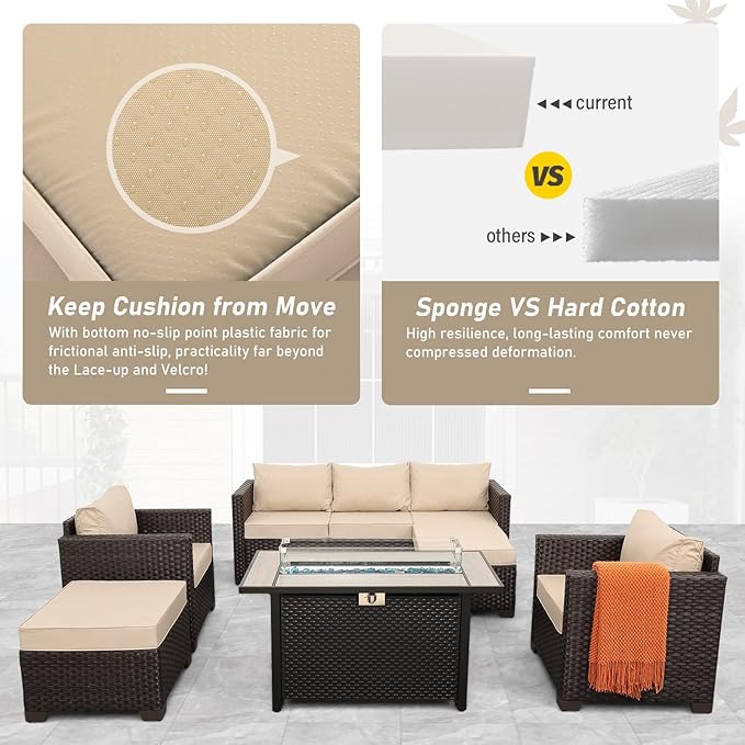 Patio Furniture Set 6-Piece Outdoor Furniture Set with 45'' Propane Gas Fire Pit Table Outdoor Conversation Set Wicker Sofa Set Non-Slip Cushions Waterproof Covers, Khaki